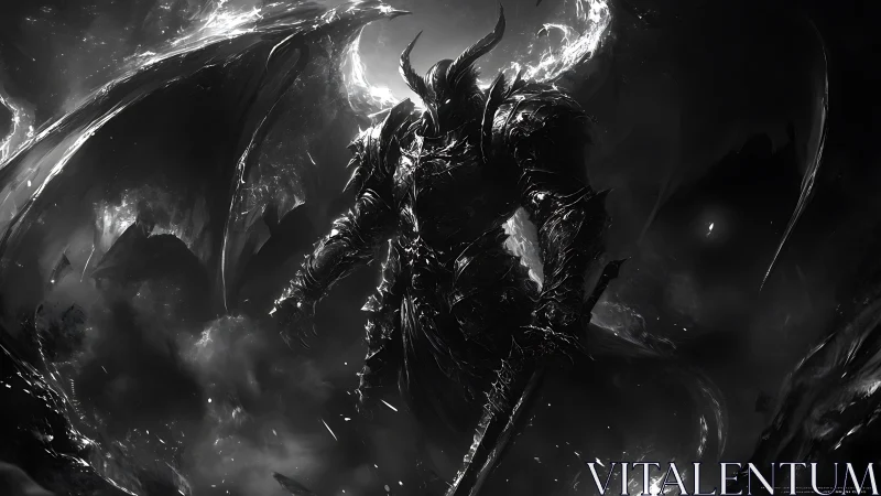 Hellforged demon warlord in burning monochrome void.