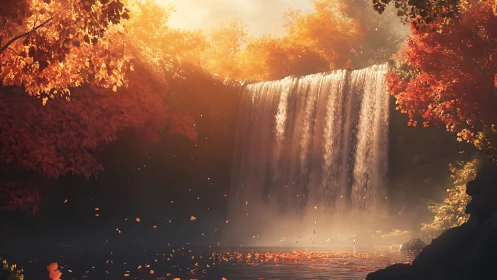 Waterfall in dense autumn forest with falling foliage.