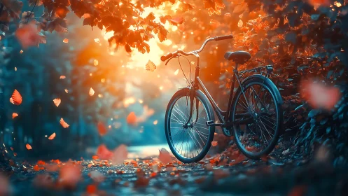 Bicycle Under Autumn Canopy with Falling Leaves.