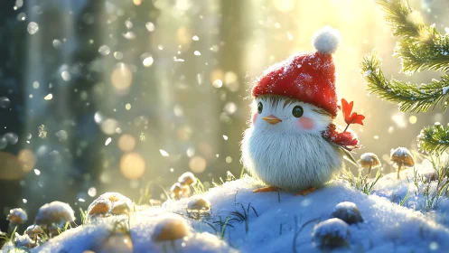 Tiny winter songbird pauses as snowlit forest sparkles