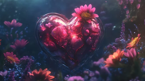 Glowing heart with pink flowers in surreal garden.