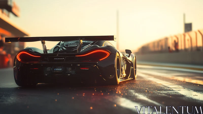 Photoreal supercar rear view on sunlit wet racetrack surface.