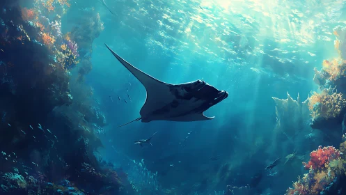 Manta glides like a silent kite through cathedral-blue seas