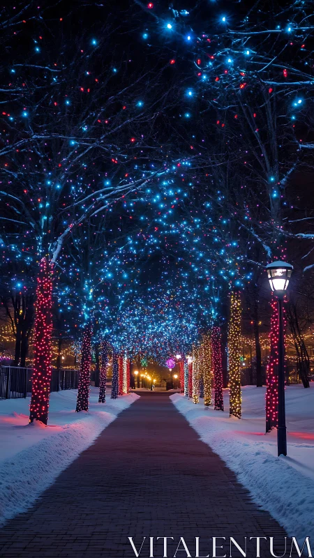 Winter park pathway is framed by illuminated trees at night