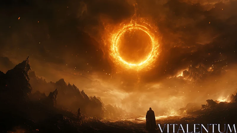 Cloaked figure under fiery circular vortex in dark valley.