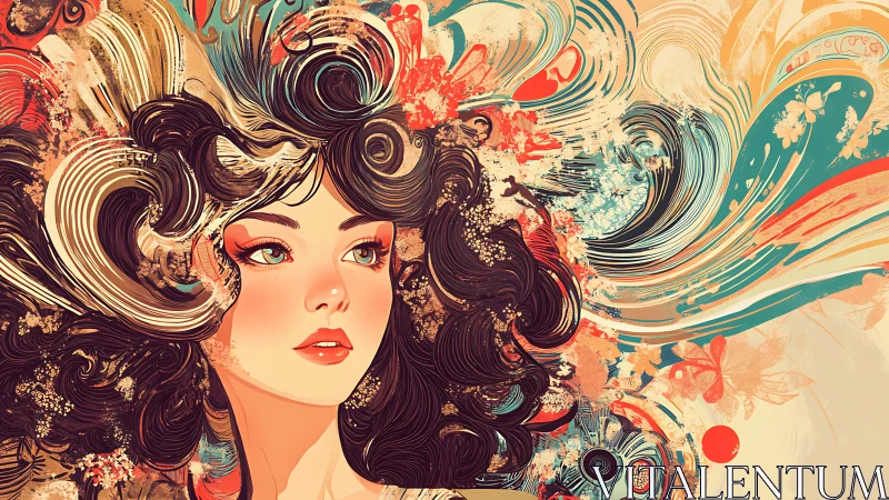 Whirling colors dance around a serene, confident portrait