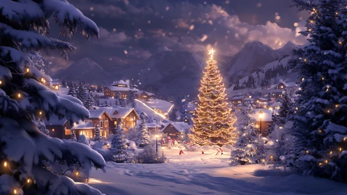 Starlit alpine Christmas village wrapped in glowing snowfall.