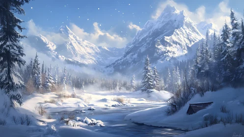 Silent river hums beneath moon-bright winter mountains