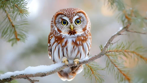 Northern Saw-whet Owl perched on snowy branch, nature photography.