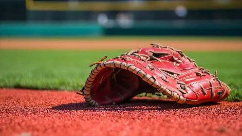 Red leather baseball glove on turf with shallow depth of field.