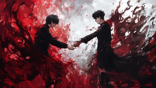 Two mirrored figures unite amid swirling red chaos