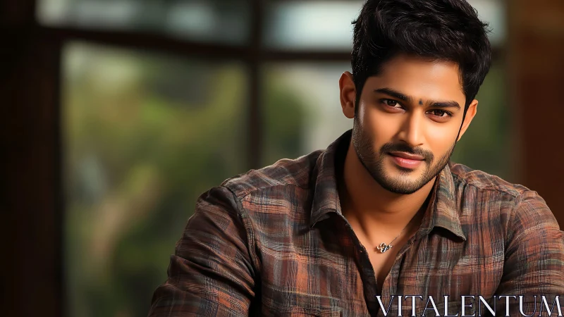 Warmly smiling young man leans forward in soft evening light
