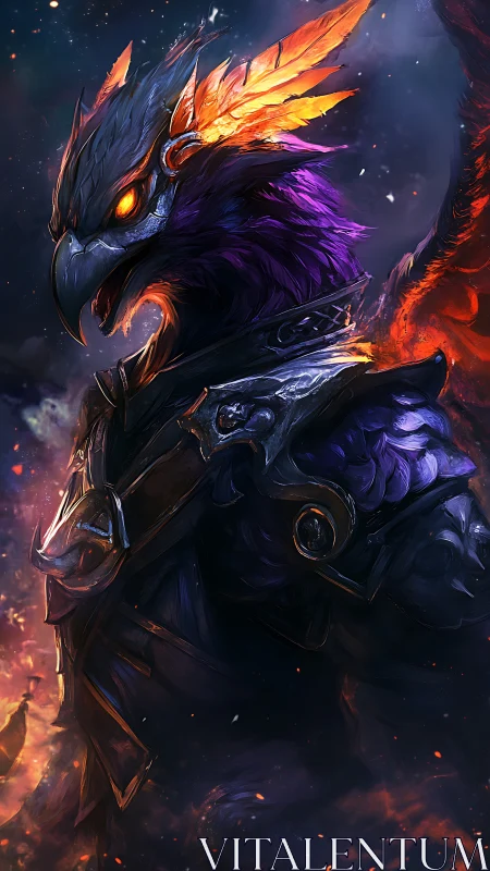Armored phoenix warrior stands in blazing cosmic storm