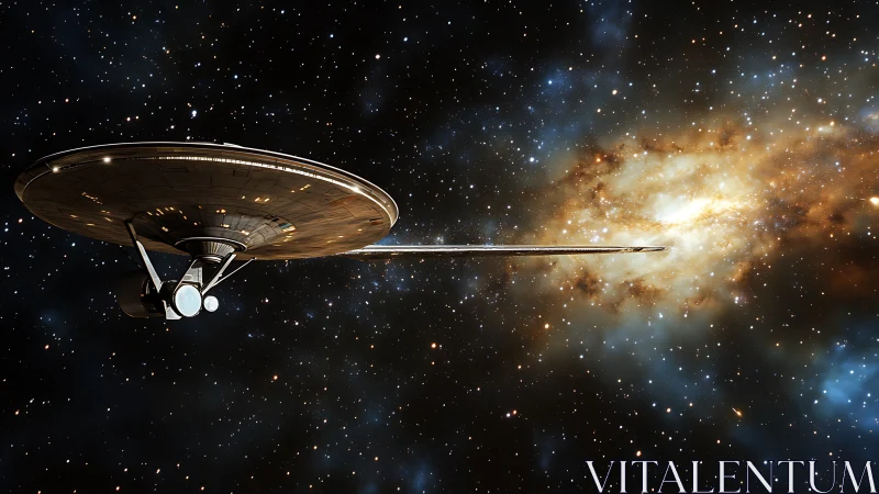 Futuristic starship near luminous interstellar gas cloud.