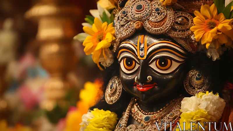 Hindu deity statue with ornate jewelry and floral garlands.