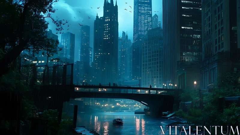 Moody cyberpunk river city with bridge and skyline at dusk.