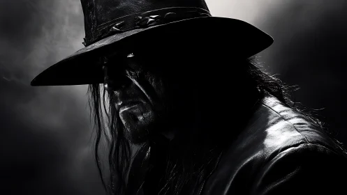 Mysterious shadowed cowboy in moody monochrome light.