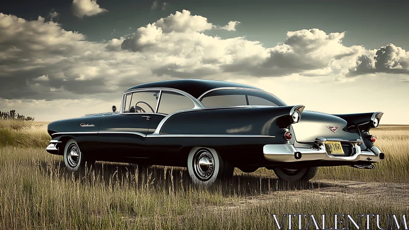 Classic black two-door sedan parked in open grassy field