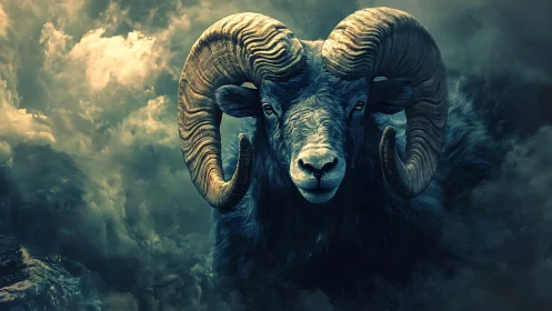Dramatic ram portrait rendered in moody, high-contrast lighting