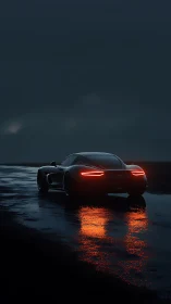 Sleek sports car on wet road at night with red taillights.