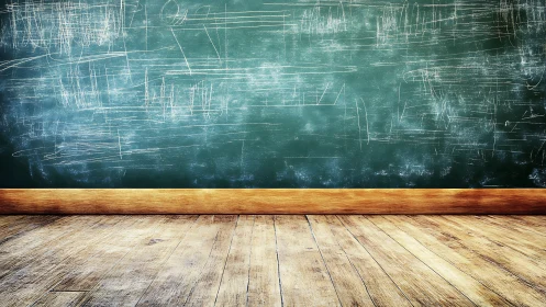 Weathered classroom chalkboard stands above rustic wood floor