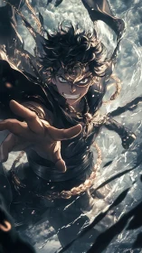 Anime warrior lunges forward through swirling liquid energy