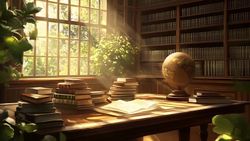 Sunlit study with books, globe, and large window scene.