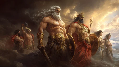 Mythic armored figures advance through clouded sky