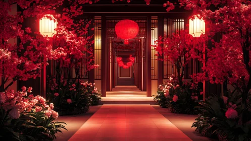 Radiant red lantern corridor glows among cherry blossoms