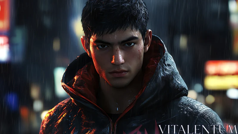 Brooding cyber-noir portrait of a rain-soaked hooded youth