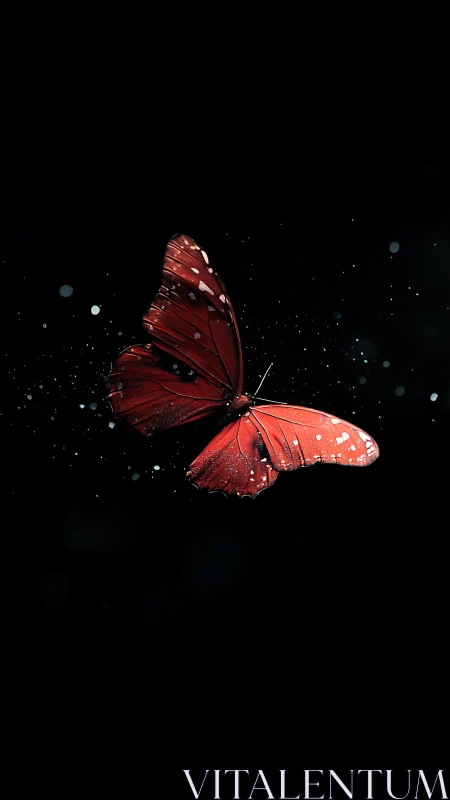 Crimson butterfly in particulate motion against deep void.