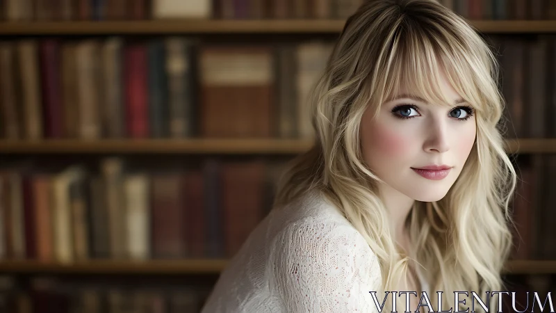 Gentle reader pauses among warmly lit library shelves
