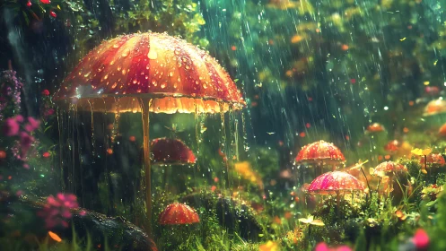 Macro fantasy rainfall over bioluminescent mushroom canopies.
