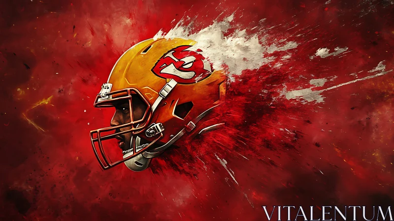 Explosive red football helmet bursts from abstract paint storm