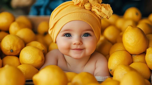 Happy Baby Surrounded by Golden Lemons.