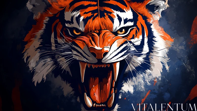 Painted fury erupts as a neon tiger roars through shadow