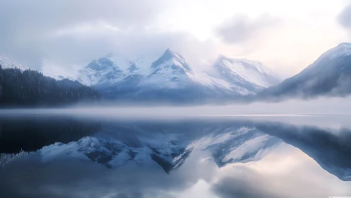 Minimalist alpine lake reflection with atmospheric symmetry.