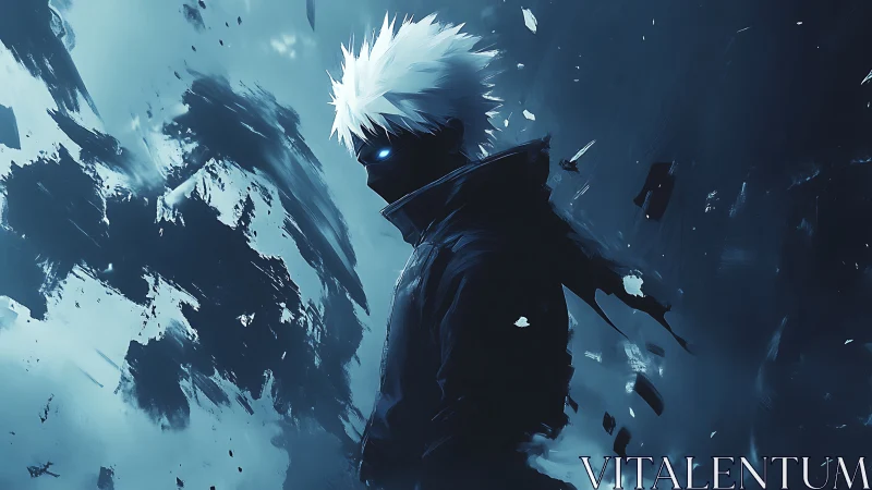 Monochrome cyber warrior silhouette with glowing cyan eyes