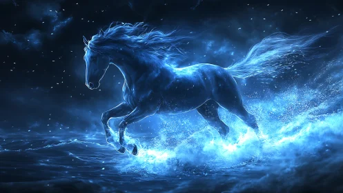Luminous spirit horse charges through a stormlit ocean night