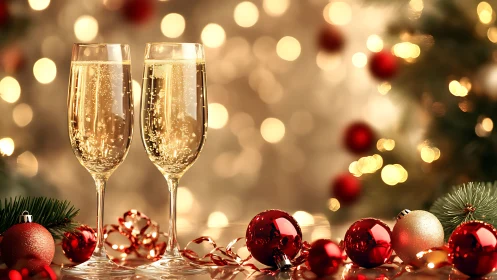 Holiday champagne flutes amid glowing Christmas baubles.