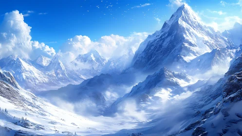 Snow-bright giants lean into the sky and drink the winter light