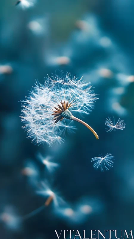 Macro view isolates single dandelion seed head against blue