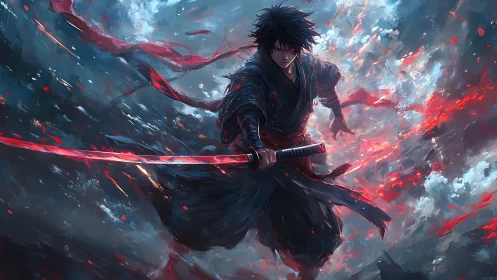Dark samurai channels blazing crimson power in battle storm