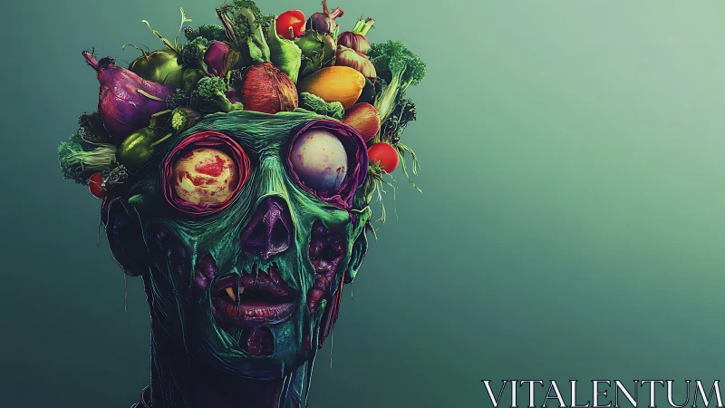 Zombie head sculpture merges decayed flesh with fresh produce