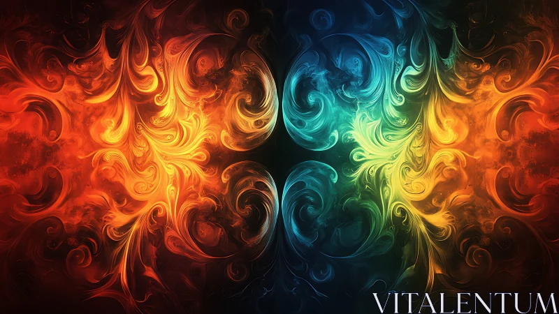 Twin swirling elements dance in radiant fire and cool light