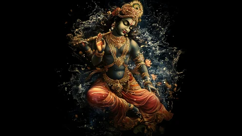 Divine flute player in ornate golden attire on black field.