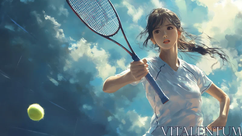 Young tennis player swings under dramatic summer sky