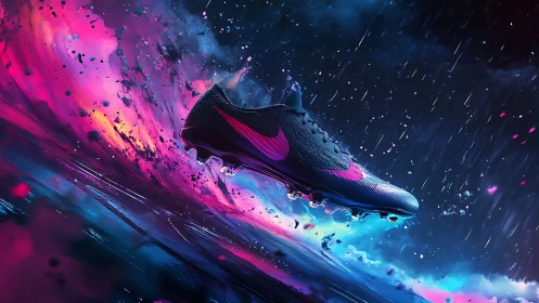 Dynamic neon football boot suspended in electric rain.