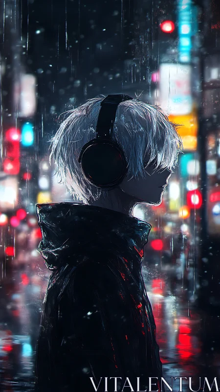 White haired youth walks through neon city rain at night