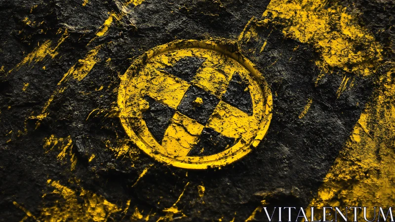 Radioactive hazard symbol in rough yellow black texture.